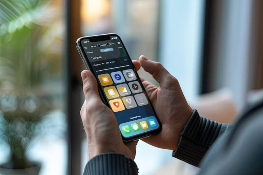 A person holds a smartphone displaying a customizable app interface with various icons, set against a softly lit background.