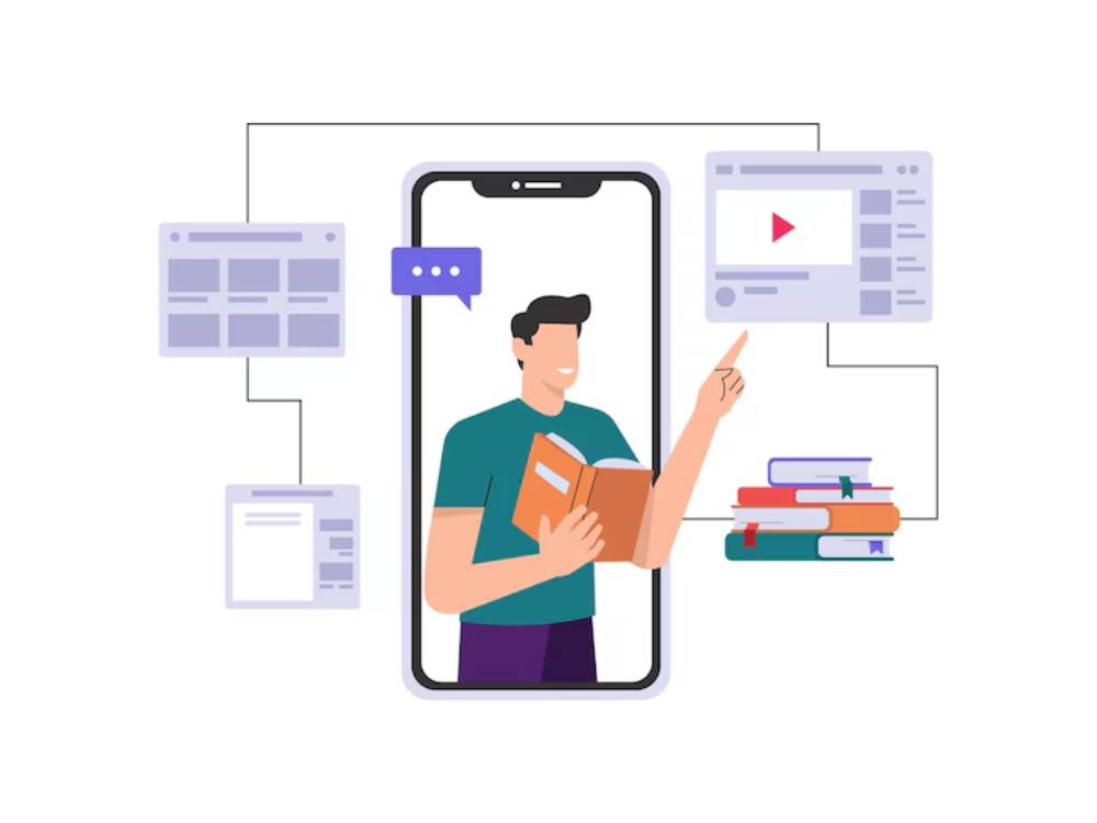 A man holding a book is illustrated in a phone interface, surrounded by digital content icons like videos and website pages.