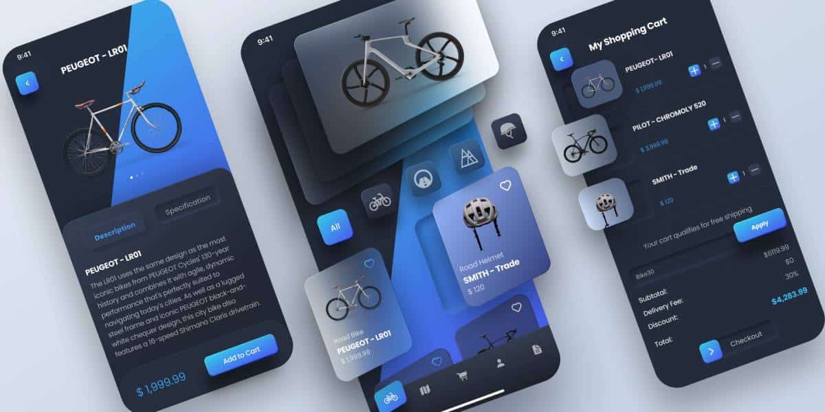 Mobile app interface showcasing bicycle products, including the Peugeot LR01, with options to view, add to cart, and checkout.