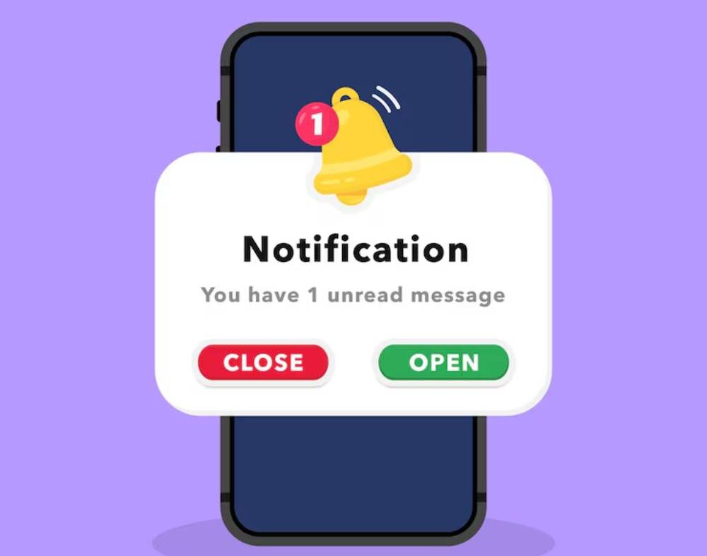A smartphone displaying a notification alerting the user of 1 unread message, with options to Close or Open.