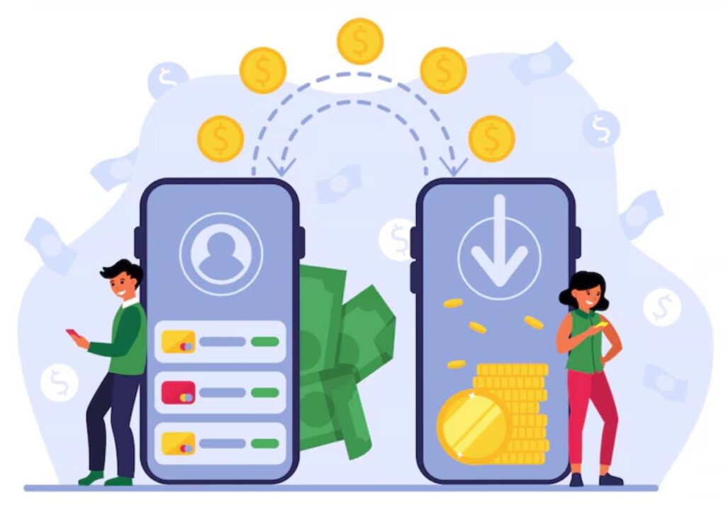 Two smartphones display digital banking features, surrounded by cash and coins.