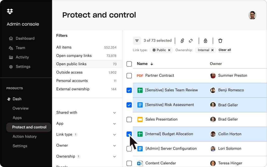 Screenshot of a Dropbox admin console displaying the 'Protect and Control' section, with various filters and document details.