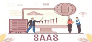 A businessman presents data on a large screen labeled 'SAAS,' while two colleagues discuss, with servers and a globe in the background.