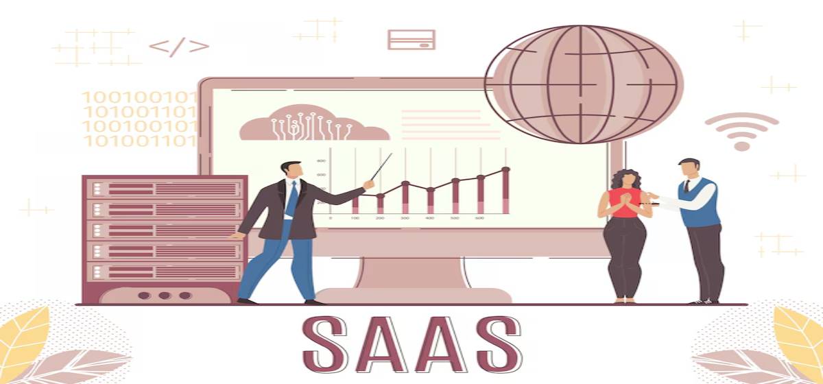 A businessman presents data on a large screen labeled 'SAAS,' while two colleagues discuss, with servers and a globe in the background.