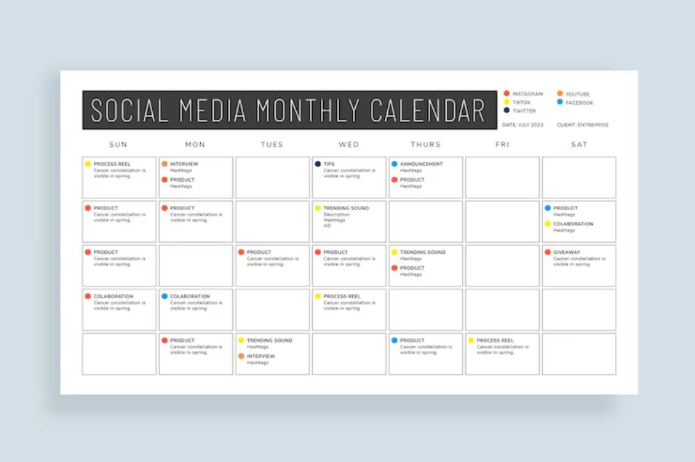 A  social media monthly calendar outlining planned posts, including interviews, product promotions, and collaborations.