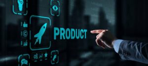 A business professional points at a digital interface labeled 'PRODUCT,' surrounded by various tech icons and graphics.