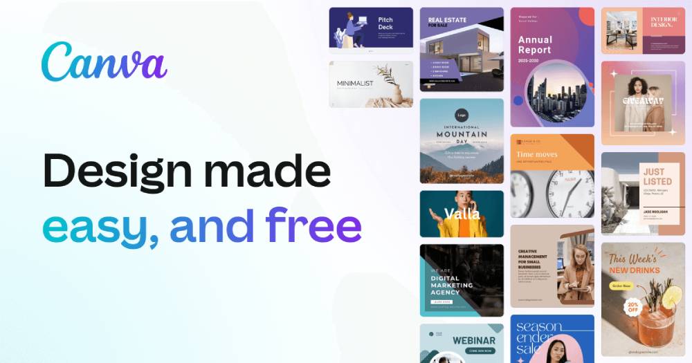 A colorful collage of various design templates with the text 'Design made easy, and free' prominently displayed.