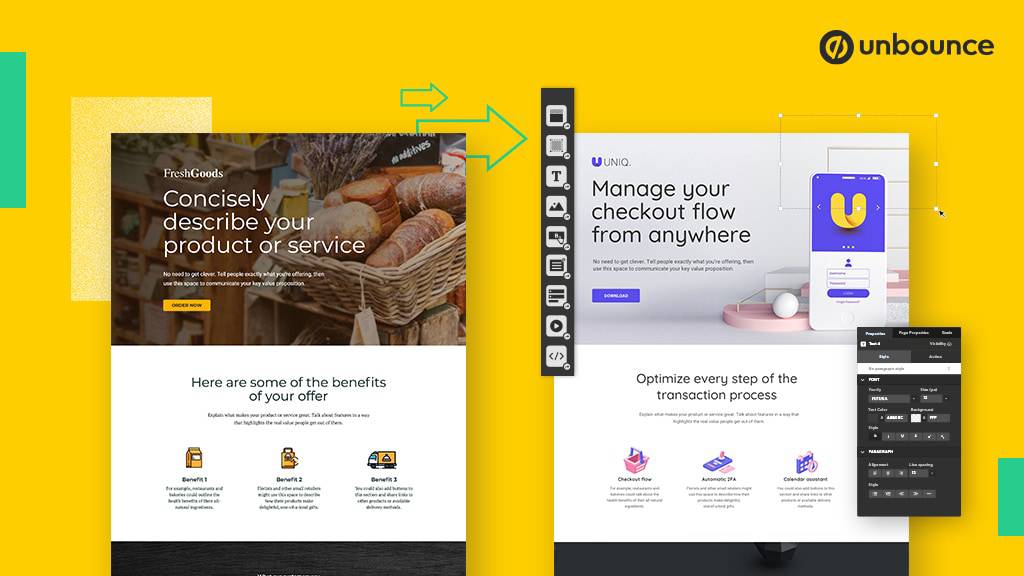Side-by-side comparison of two modern web pages: FreshGoods focuses on product description, while UNIQ manages checkout flow efficiently.