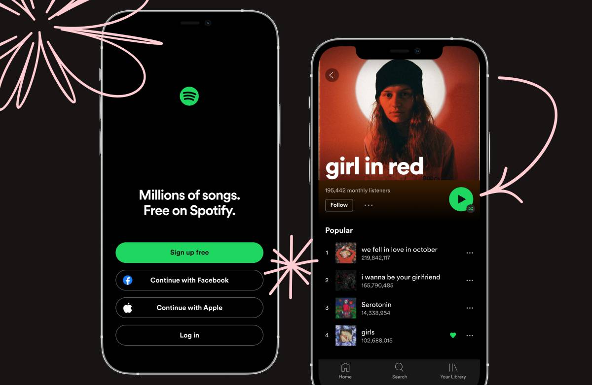 A smartphone displays the Spotify app featuring 'girl in red,' her monthly listeners, and a playlist of popular songs.