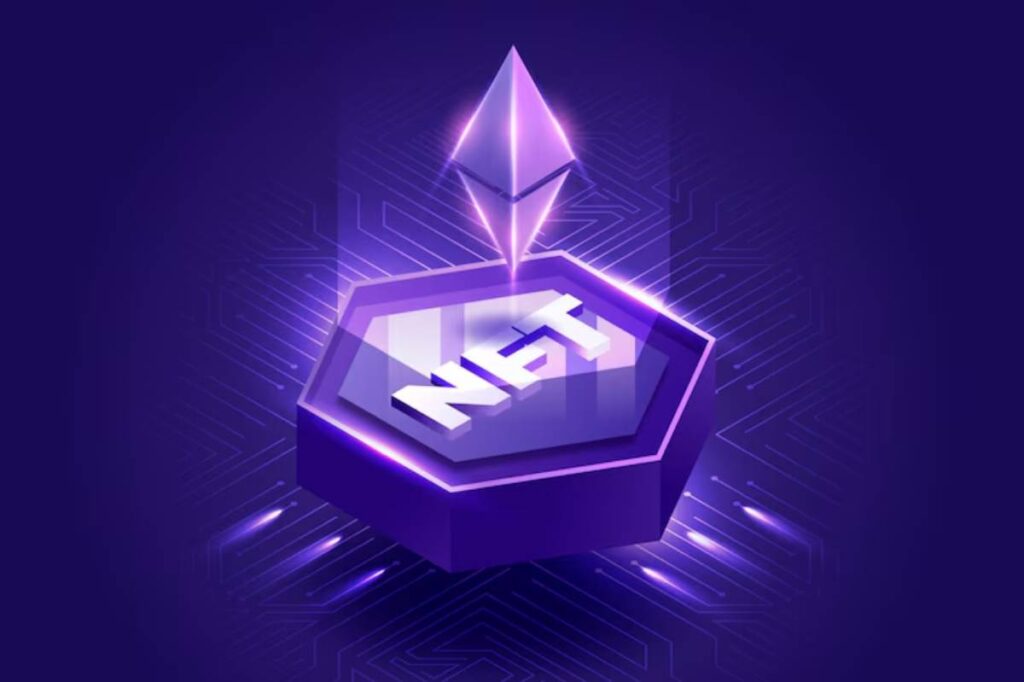 A stylized purple hexagon with 'NFT' text, featuring an Ethereum symbol above, surrounded by a tech-inspired glowing background.
