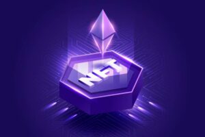 A stylized purple hexagon with 'NFT' text, featuring an Ethereum symbol above, surrounded by a tech-inspired glowing background.