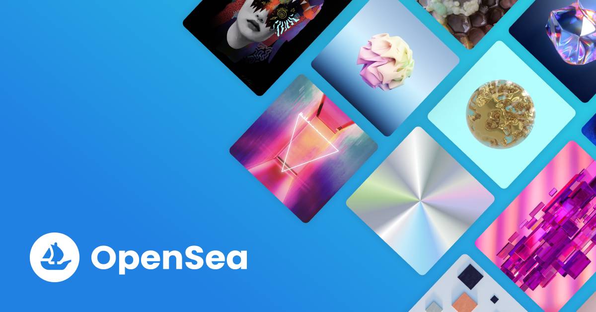 A collection of colorful digital art pieces with various shapes and textures, featuring the OpenSea logo on a vibrant blue background.
