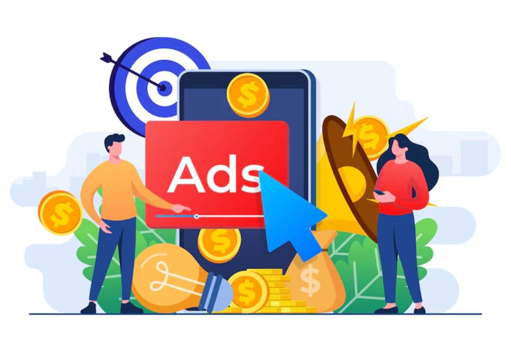 Illustration featuring a man and woman engaging with online ads, surrounded by money, a target, and marketing symbols.