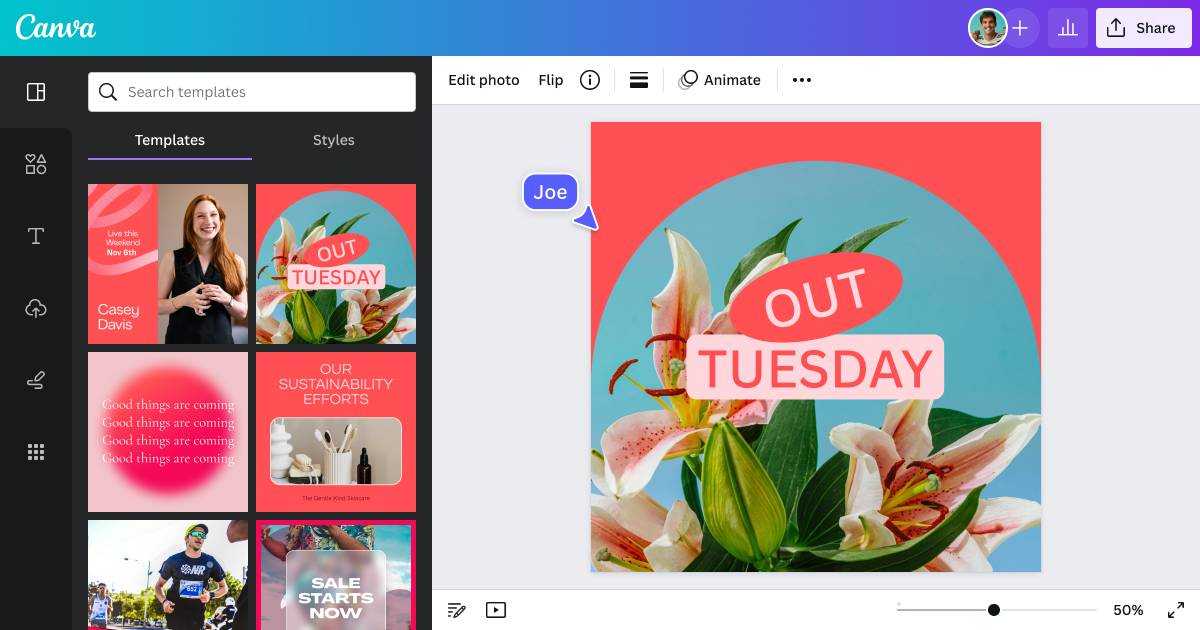 A vibrant graphic with pink and teal backgrounds, featuring the text 'OUT TUESDAY' and a bouquet of colorful flowers.