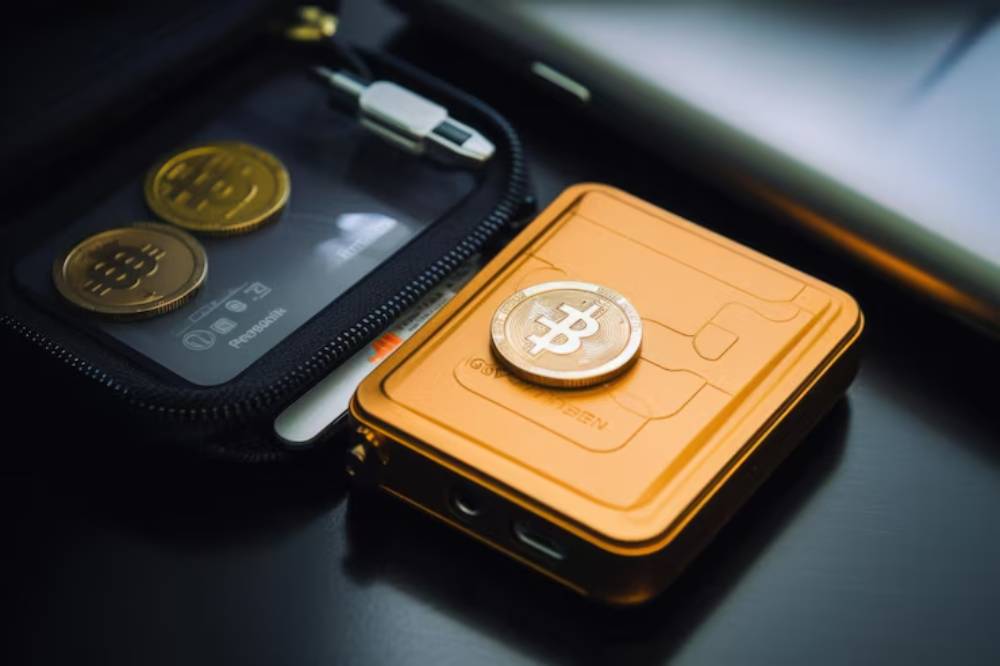 An orange Bitcoin wallet sits on a black surface, displaying a Bitcoin coin on top, accompanied by two coins and a charging cable.