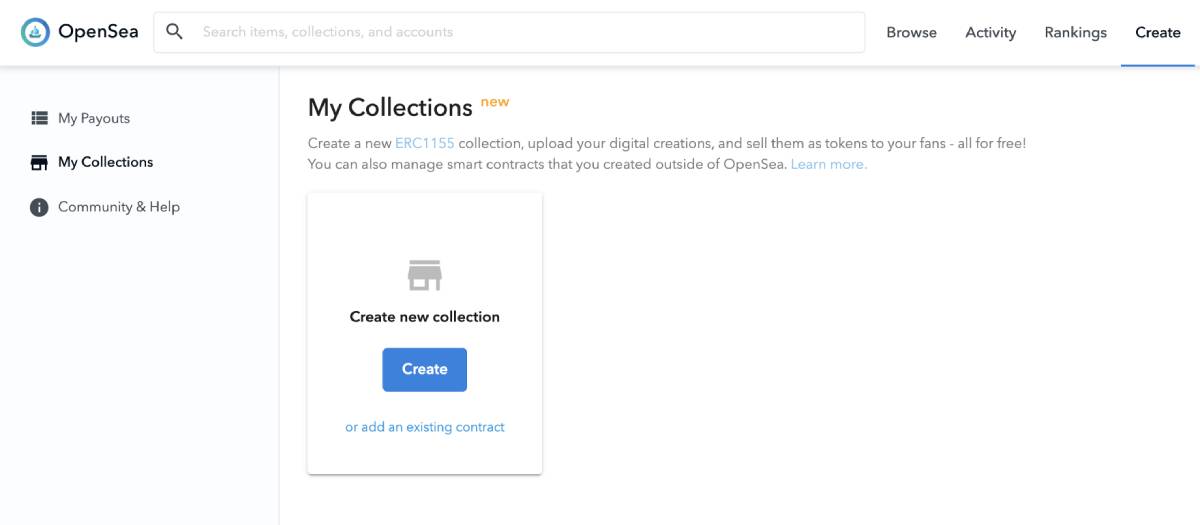 OpenSea interface showing 'My Collections' section with options to create a new ERC1155 collection or manage existing contracts.