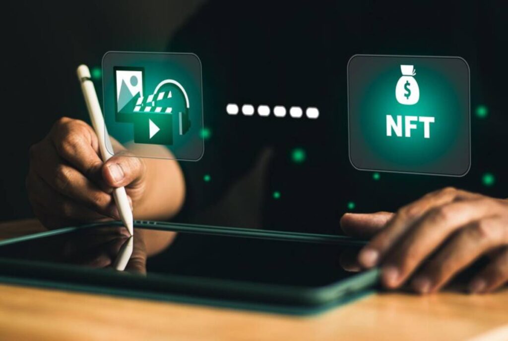 A person uses a digital pen on a tablet, surrounded by icons related to digital content and NFTs.