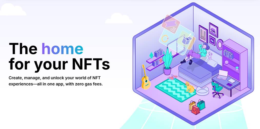 A laptop screen displays an NFT graphic, while three individuals interact with digital assets like images and music.
