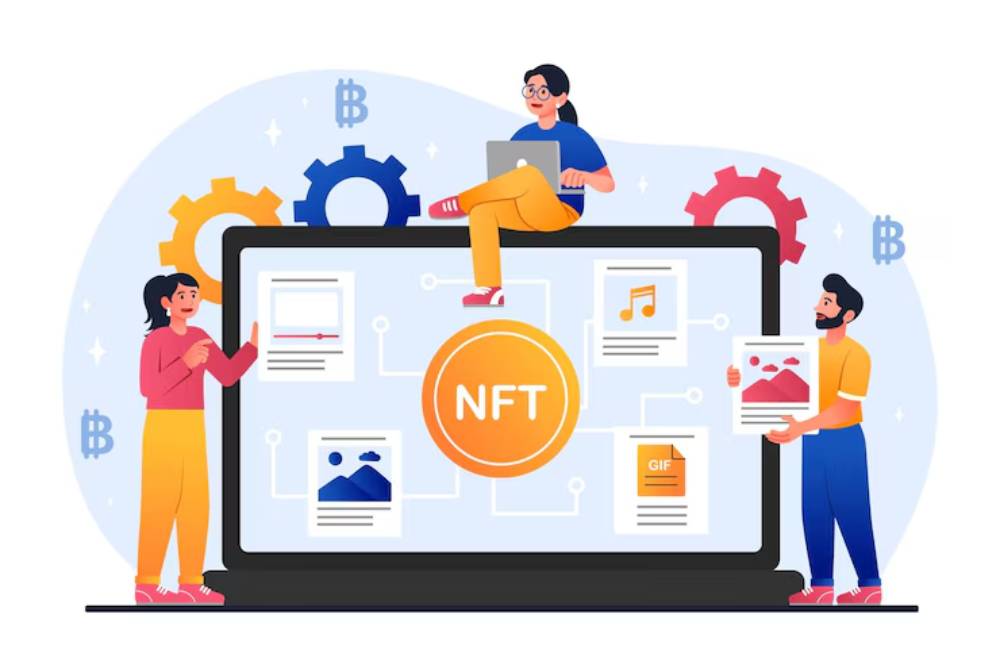 An animated bedroom scene featuring a person managing NFTs on a laptop, surrounded by decor and a playful cat, promoting NFT management. 