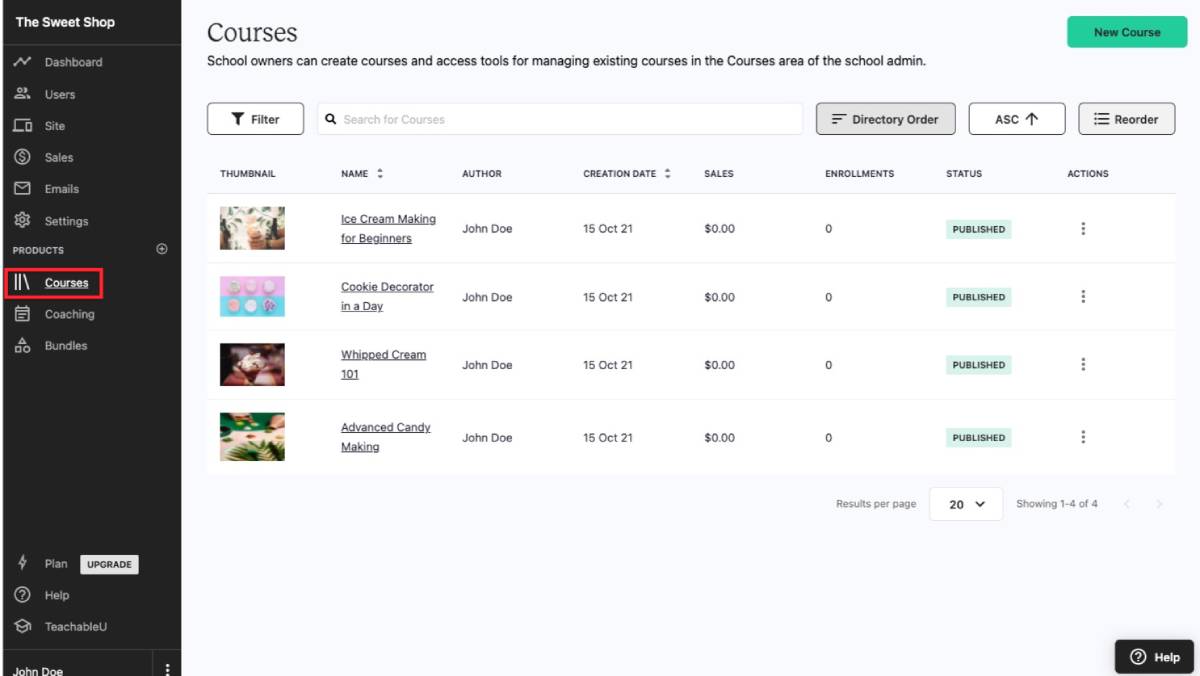 Screenshot of a course management dashboard with four published courses listed, authored by John Doe, displaying titles and details.