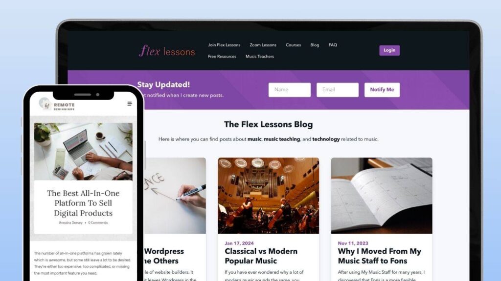 A mobile phone and tablet displaying the Flex Lessons Blog, featuring articles about music, teaching, and digital resources.