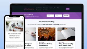 A mobile phone and tablet displaying the Flex Lessons Blog, featuring articles about music, teaching, and digital resources.