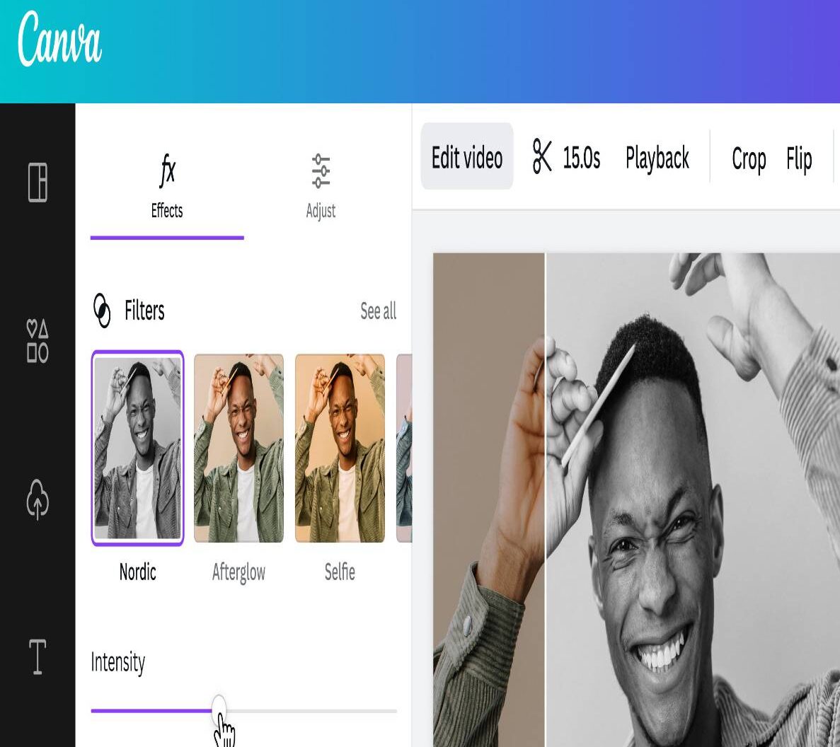 A editing interface showcases various filters, with the 'Nordic' filter selected and an intensity adjustment slider visible.