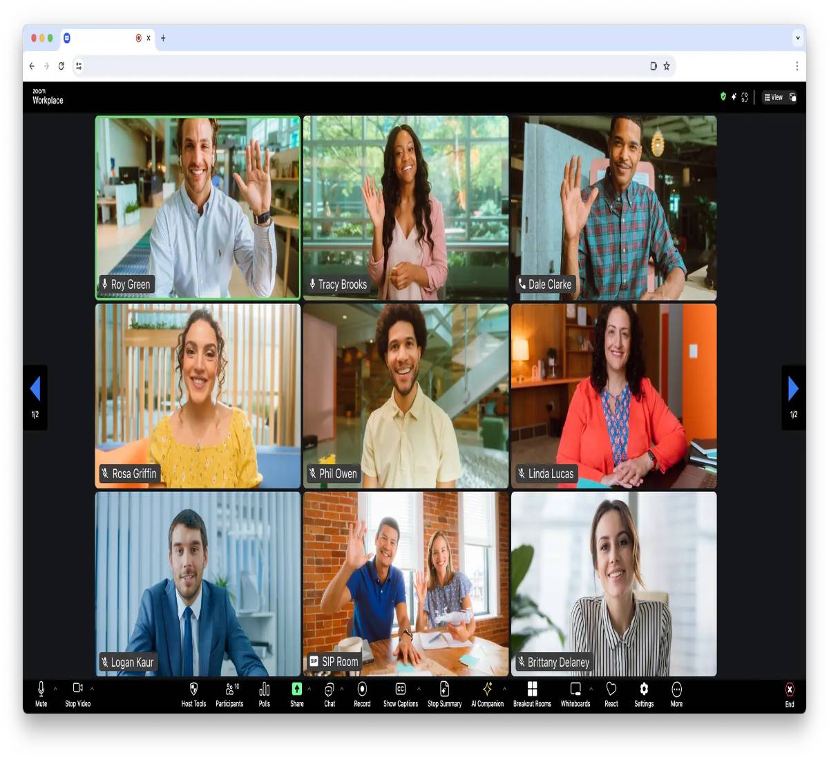 A grid of nine participants in a virtual meeting, each engaged, with various backgrounds and gestures indicating discussion.
