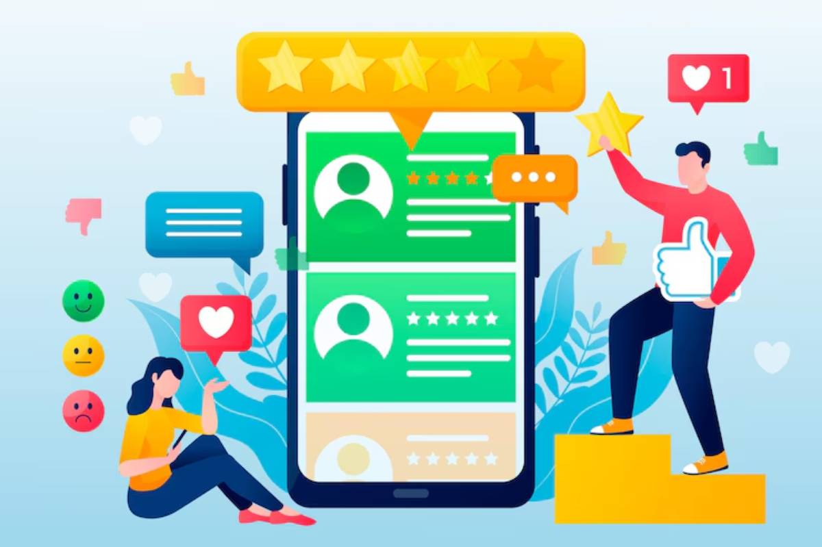 A smartphone displays user profiles and ratings, with icons depicting likes and feedback, as a man celebrates success beside a woman.