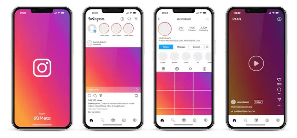 Four smartphone screens displaying various interfaces of the Instagram app, showcasing logos, profiles, and reels functionality.