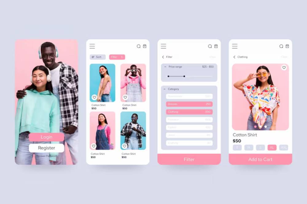 A mobile app interface showcasing clothing items for sale, featuring options to filter by price and category.