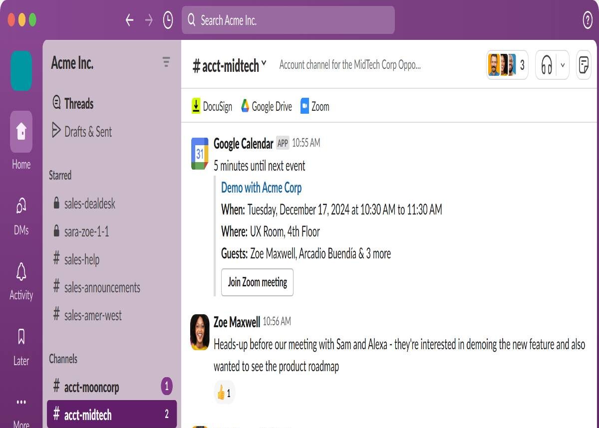 Screenshot of a Slack workspace displaying a channel conversation about an upcoming meeting, with messages about project planning and scheduling.