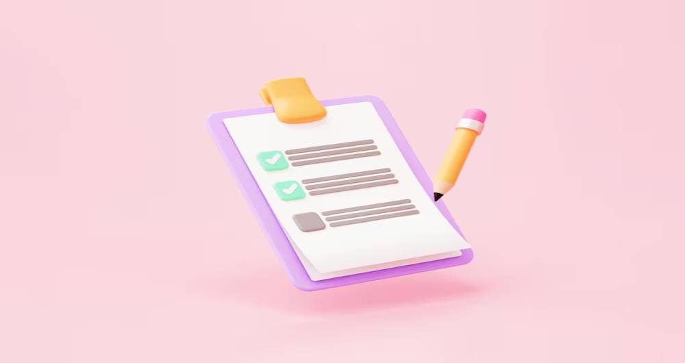 A colorful clipboard with a checklist and a yellow pencil, set against a pink background, symbolizing organization and productivity.