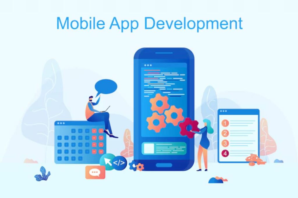 Illustration of mobile app development, featuring a person coding on a laptop, a large smartphone with code, and a woman assembling gears.