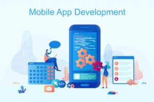Illustration of mobile app development, featuring a person coding on a laptop, a large smartphone with code, and a woman assembling gears.