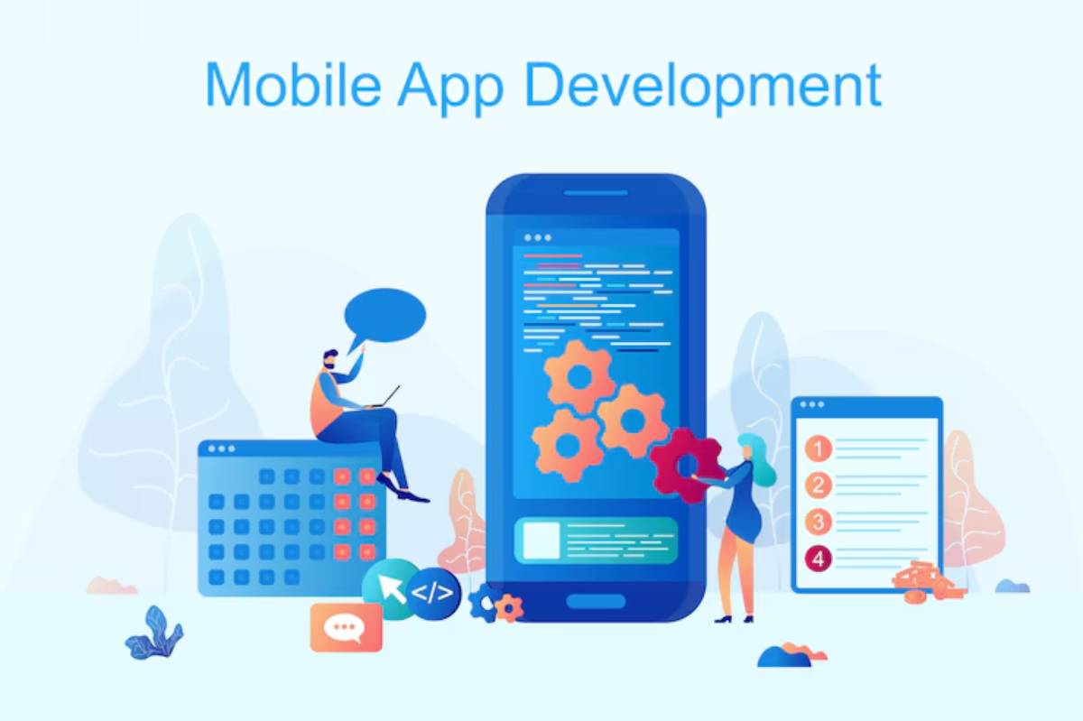 Illustration of mobile app development, featuring a person coding on a laptop, a large smartphone with code, and a woman assembling gears.