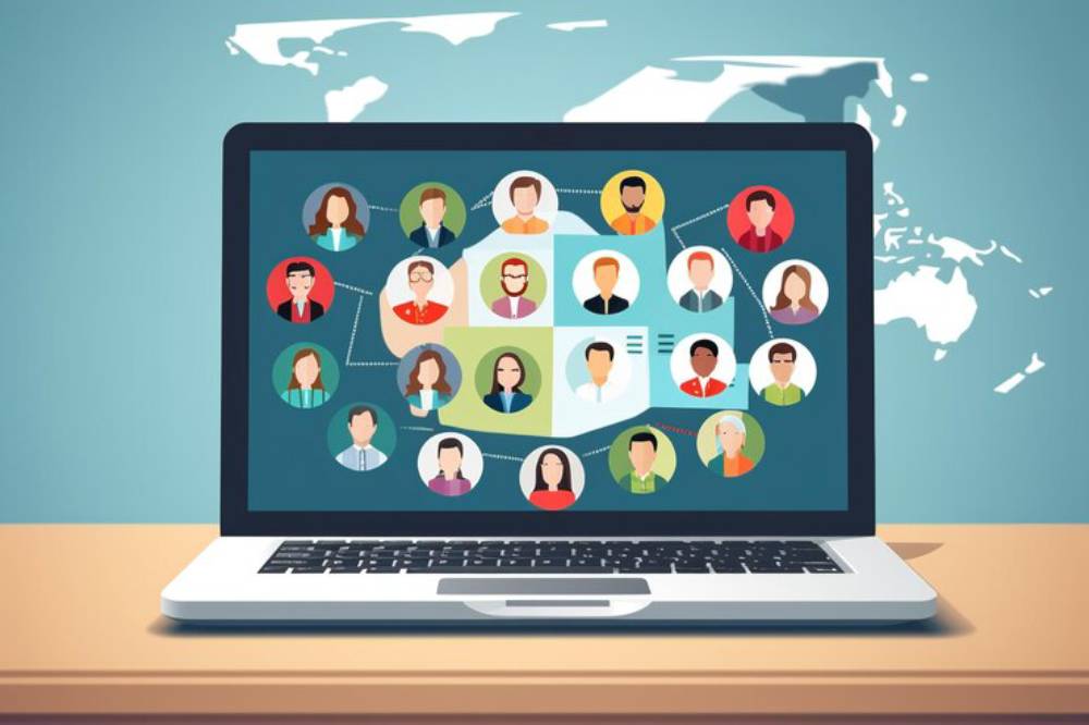 A laptop displays a digital network of diverse avatars, symbolizing global connectivity and collaboration, with a world map backdrop.