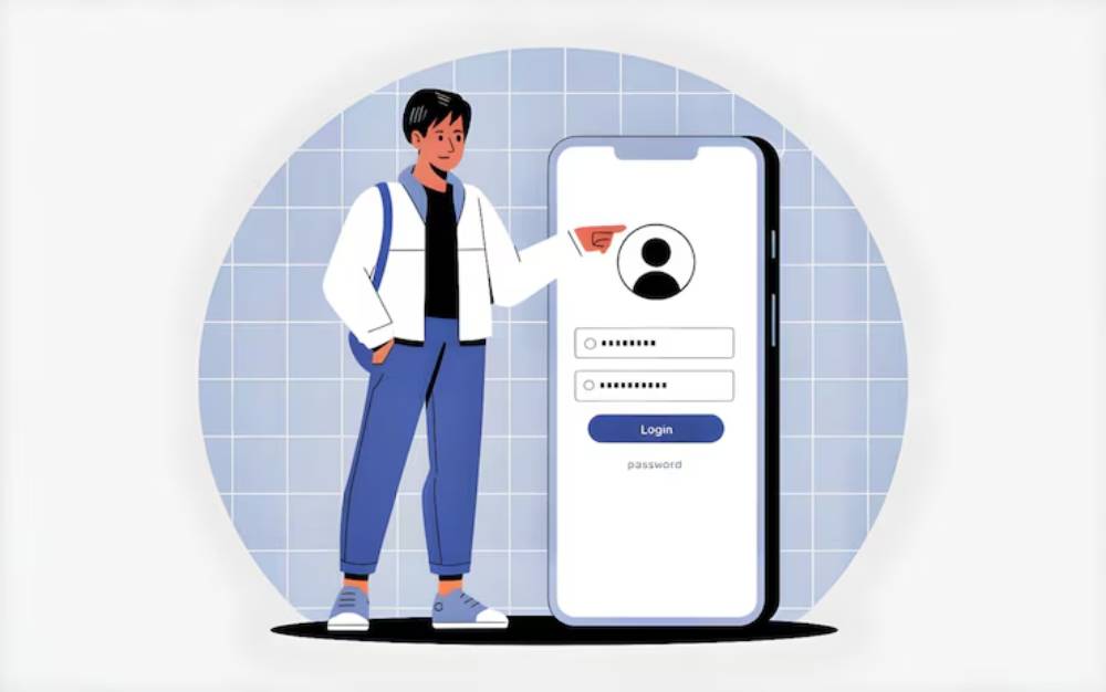 A person in casual attire stands next to a large smartphone displaying a login screen with fields for username and password.