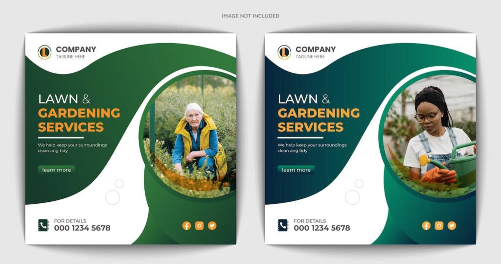 Two flyers advertising lawn and gardening services, featuring vibrant green designs and text highlighting the company's offerings.