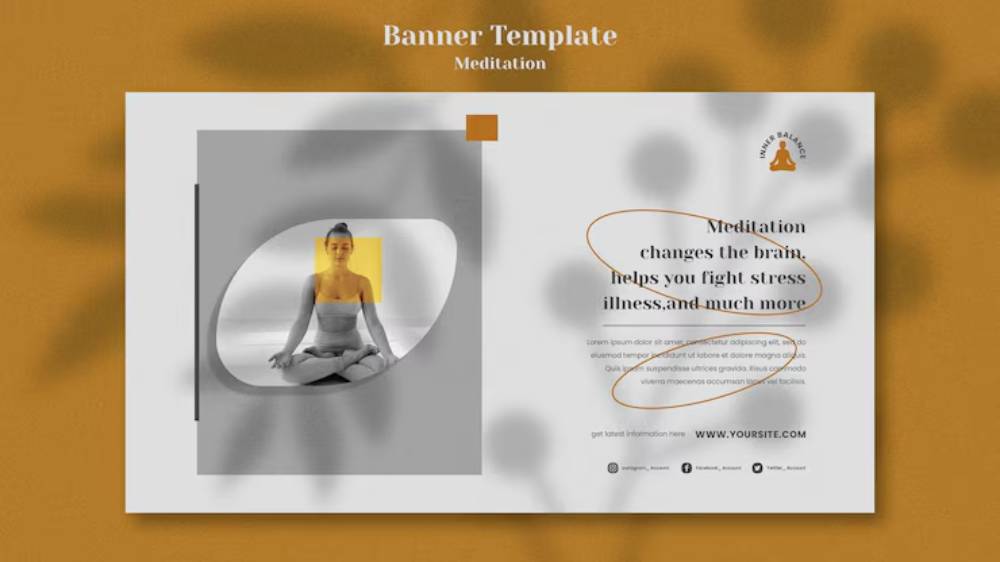A banner template featuring a meditative pose with a calming design, highlighting meditation's benefits for mental health.