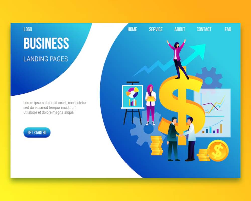 Business landing page design featuring graphics of growth, teamwork, and finance, emphasizing services offered.