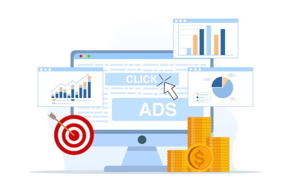 A computer screen displaying 'CLICK ADS' with graphs, a target icon, and stacks of coins symbolizing digital advertising and analytics.