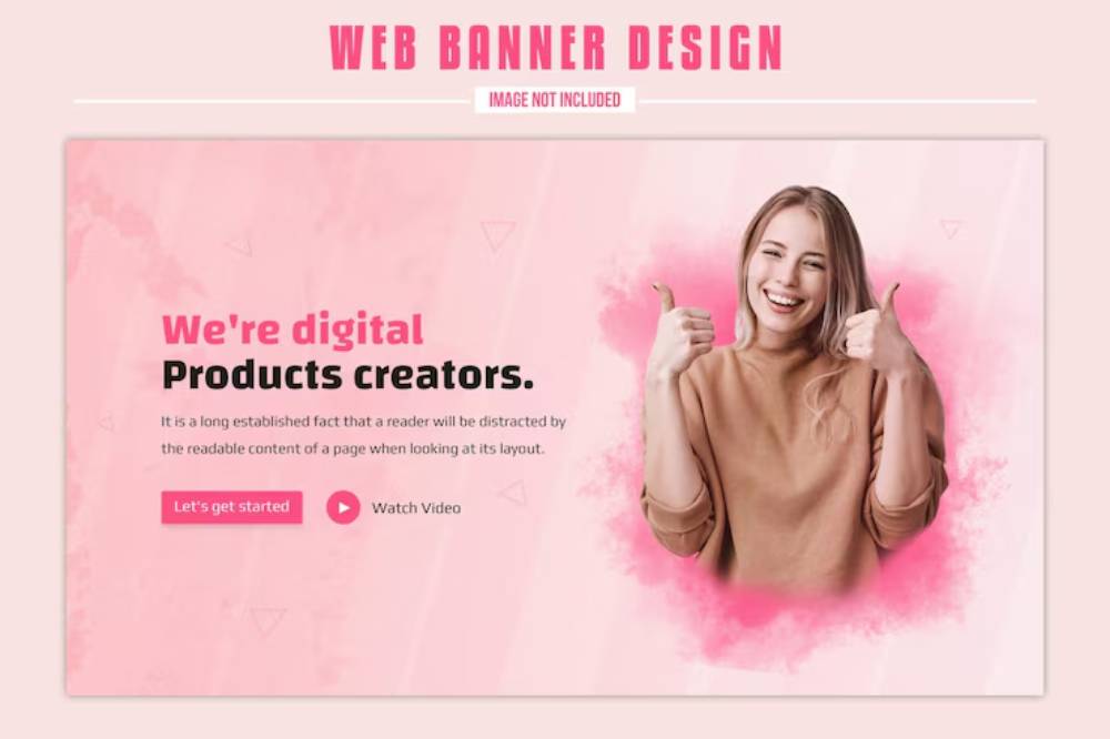 A web banner design featuring a person giving a thumbs-up, with pink watercolor background and text promoting digital product creation.