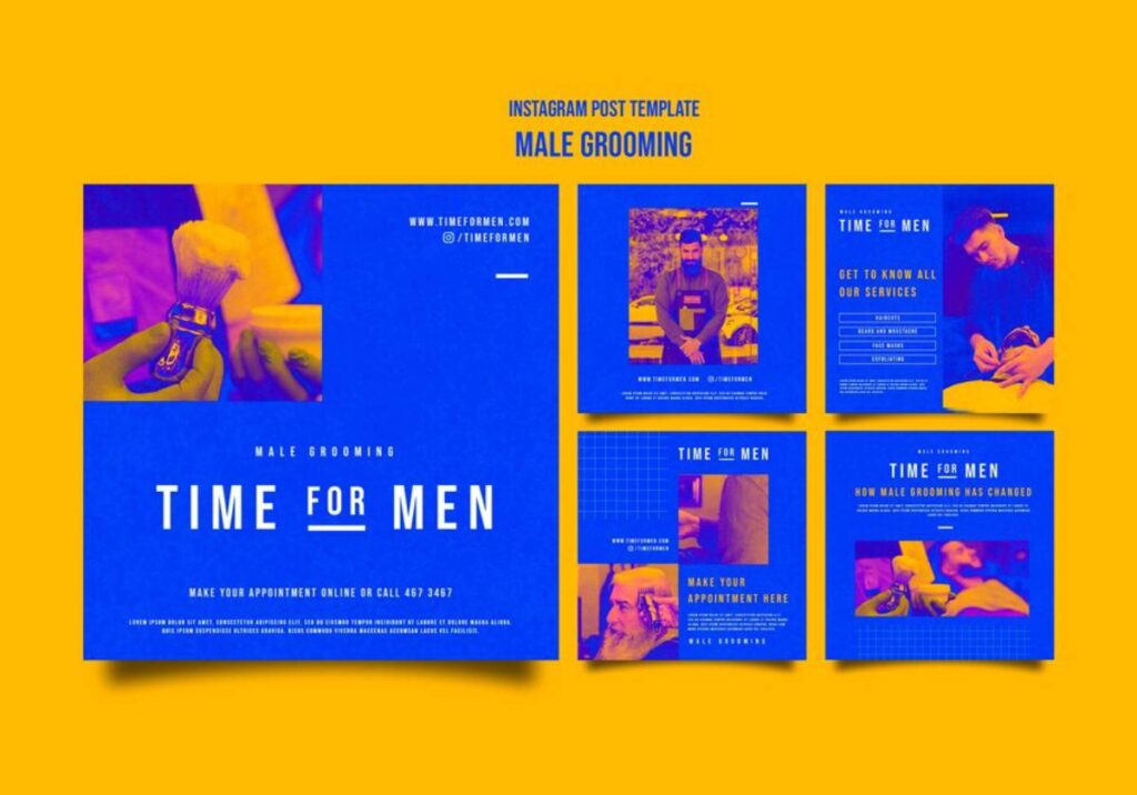 A vibrant blue and yellow Instagram post template promoting male grooming services with various images and appointment details.