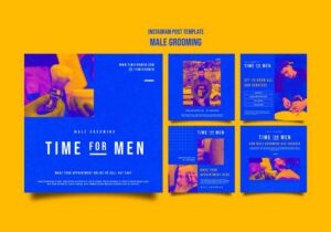 A vibrant blue and yellow Instagram post template promoting male grooming services with various images and appointment details.