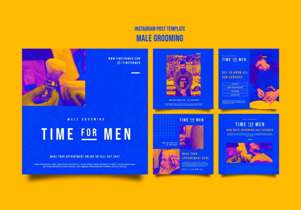 A vibrant blue and yellow Instagram post template promoting male grooming services with various images and appointment details.