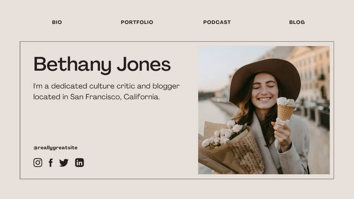 A woman in a beige coat and wide-brimmed hat holds a bouquet of flowers and an ice cream cone, set against a city backdrop.