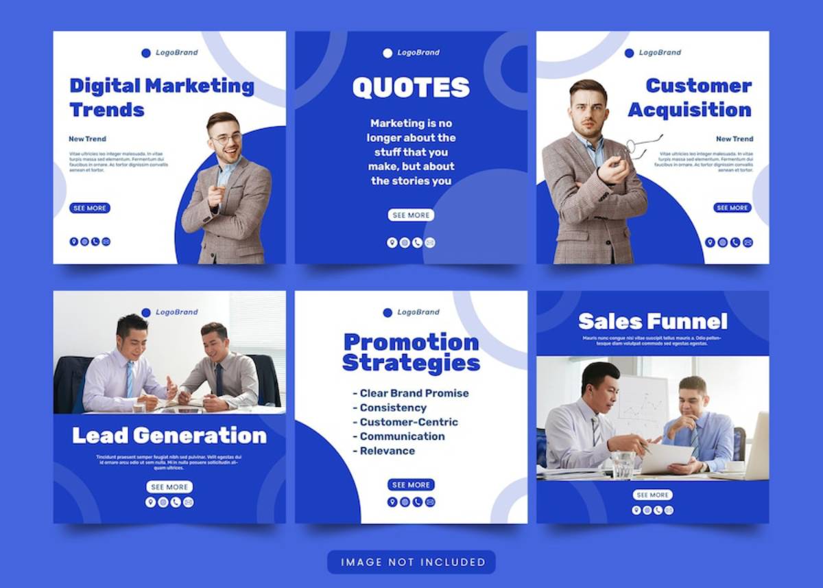 A collection of six digital marketing-themed slides featuring vibrant blue backgrounds and key marketing concepts.