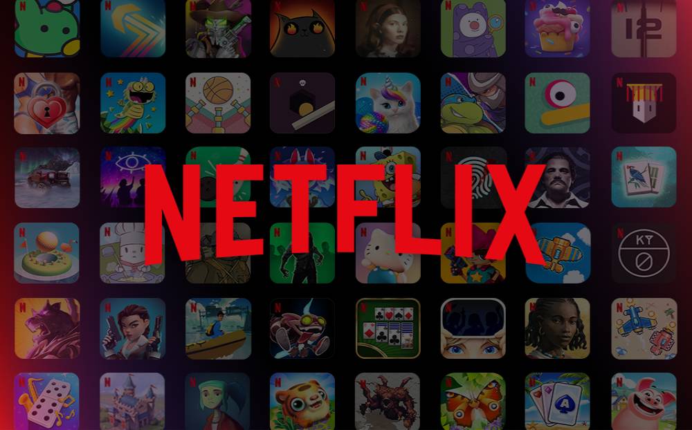 A grid of various colorful game icons featuring the Netflix logo prominently in red at the center.