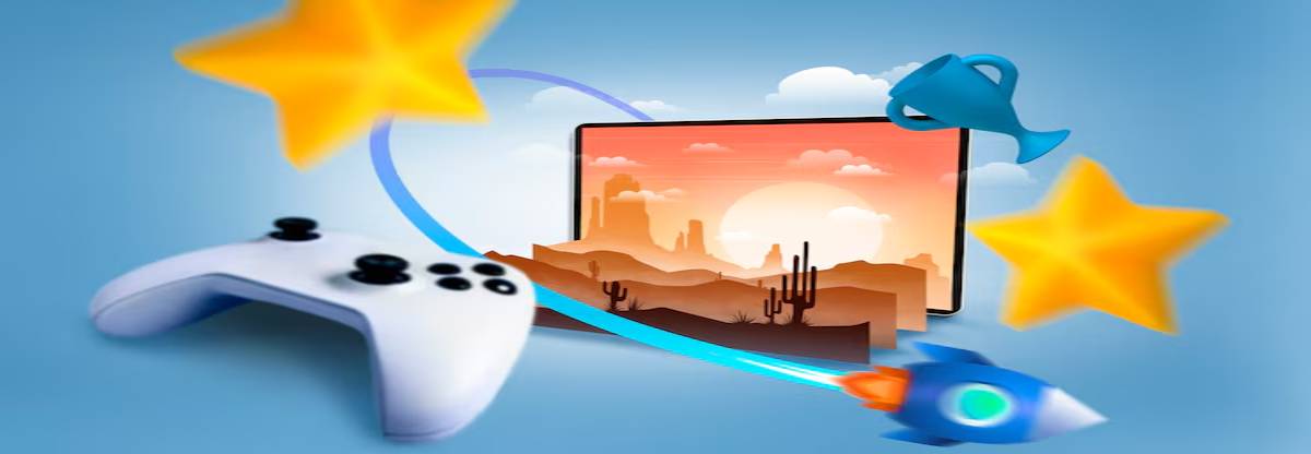 A gaming controller in front of a vibrant sunset landscape on a screen, surrounded by stars and colorful gaming icons.